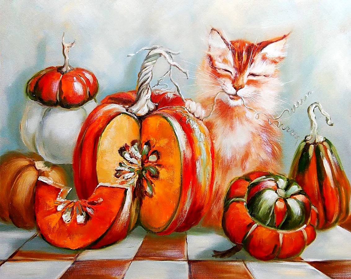 Осенний натюрморт. - живопись., овощи, натюрморт, кот - оригинал