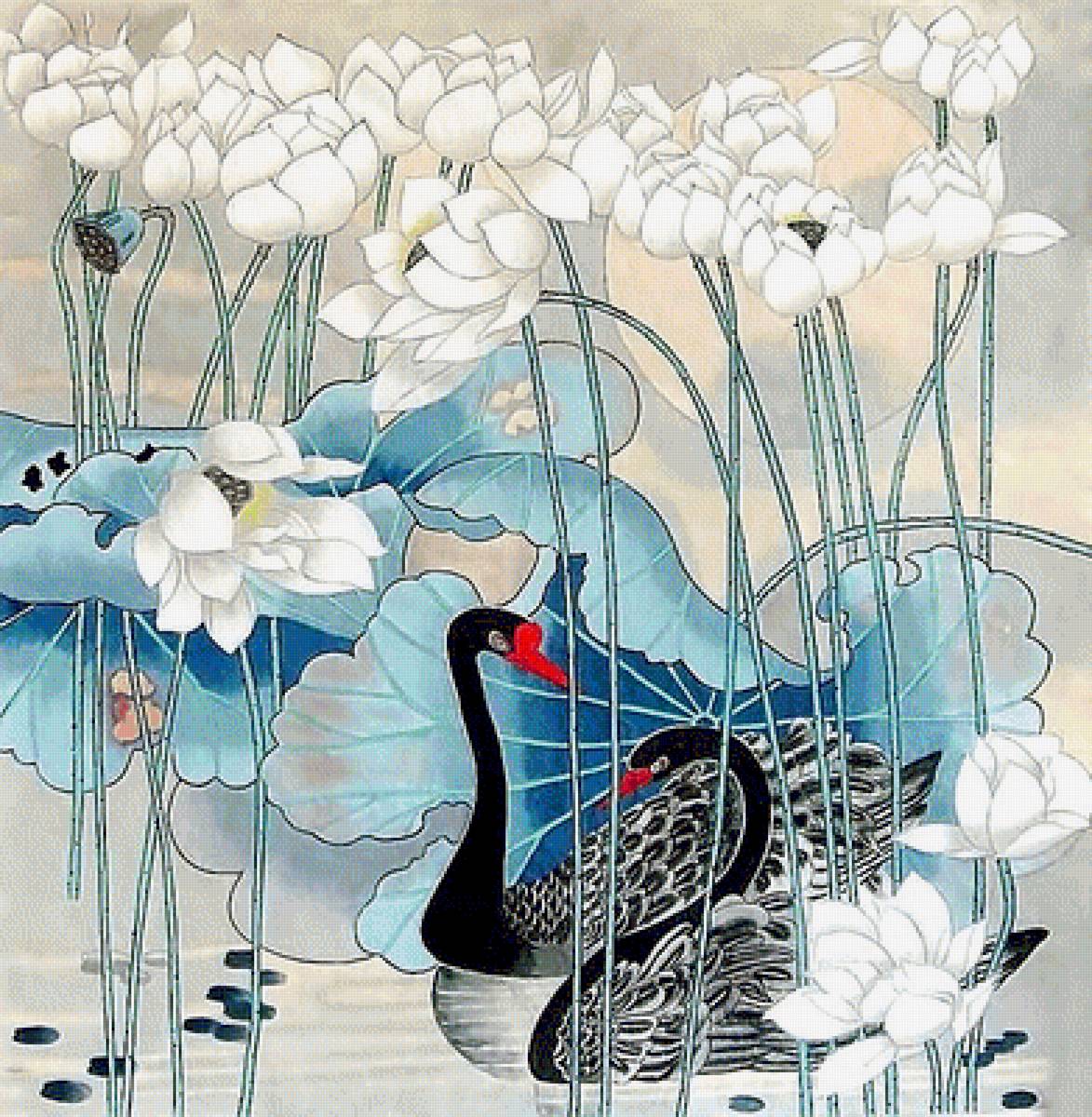 Лотосы. - лебеди, живопись., лотосы - предпросмотр