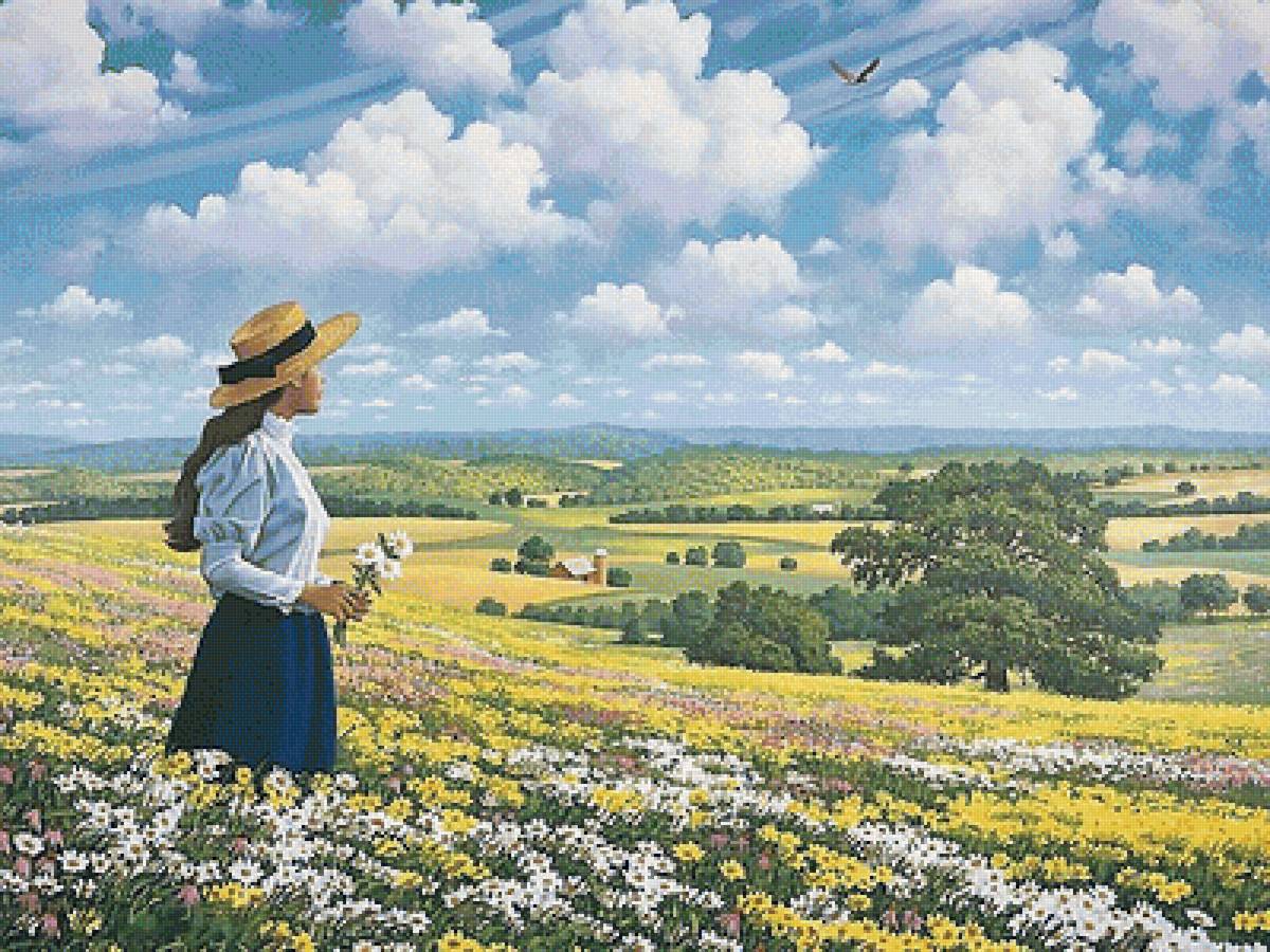 на лугу - луг, девушка - предпросмотр