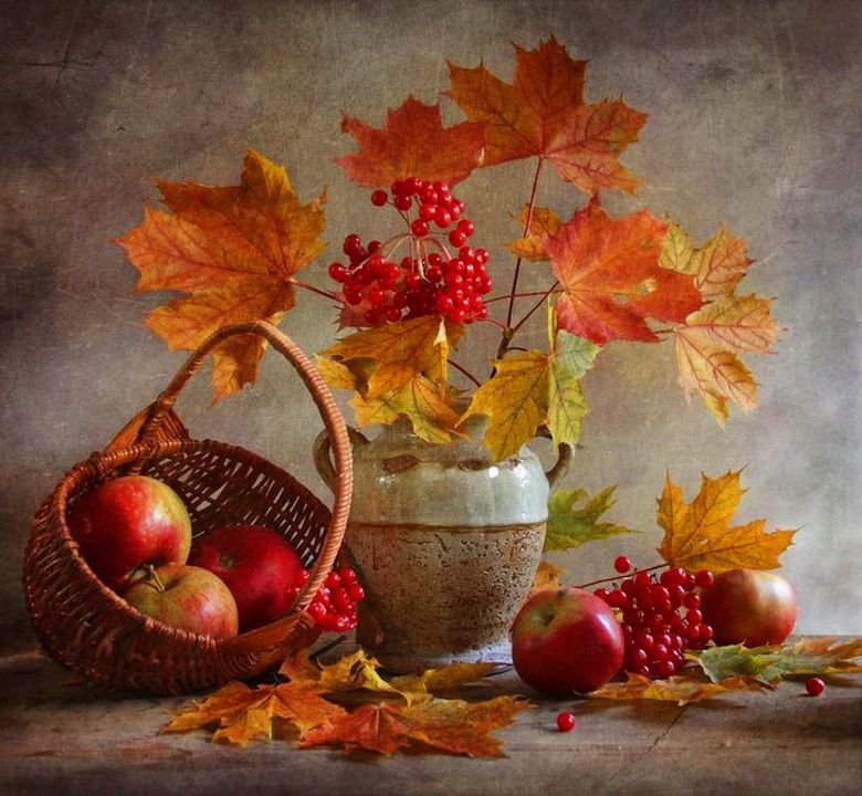 Осенний натюрморт. - букет. фрукты. натюрморт. живопись., листья - оригинал