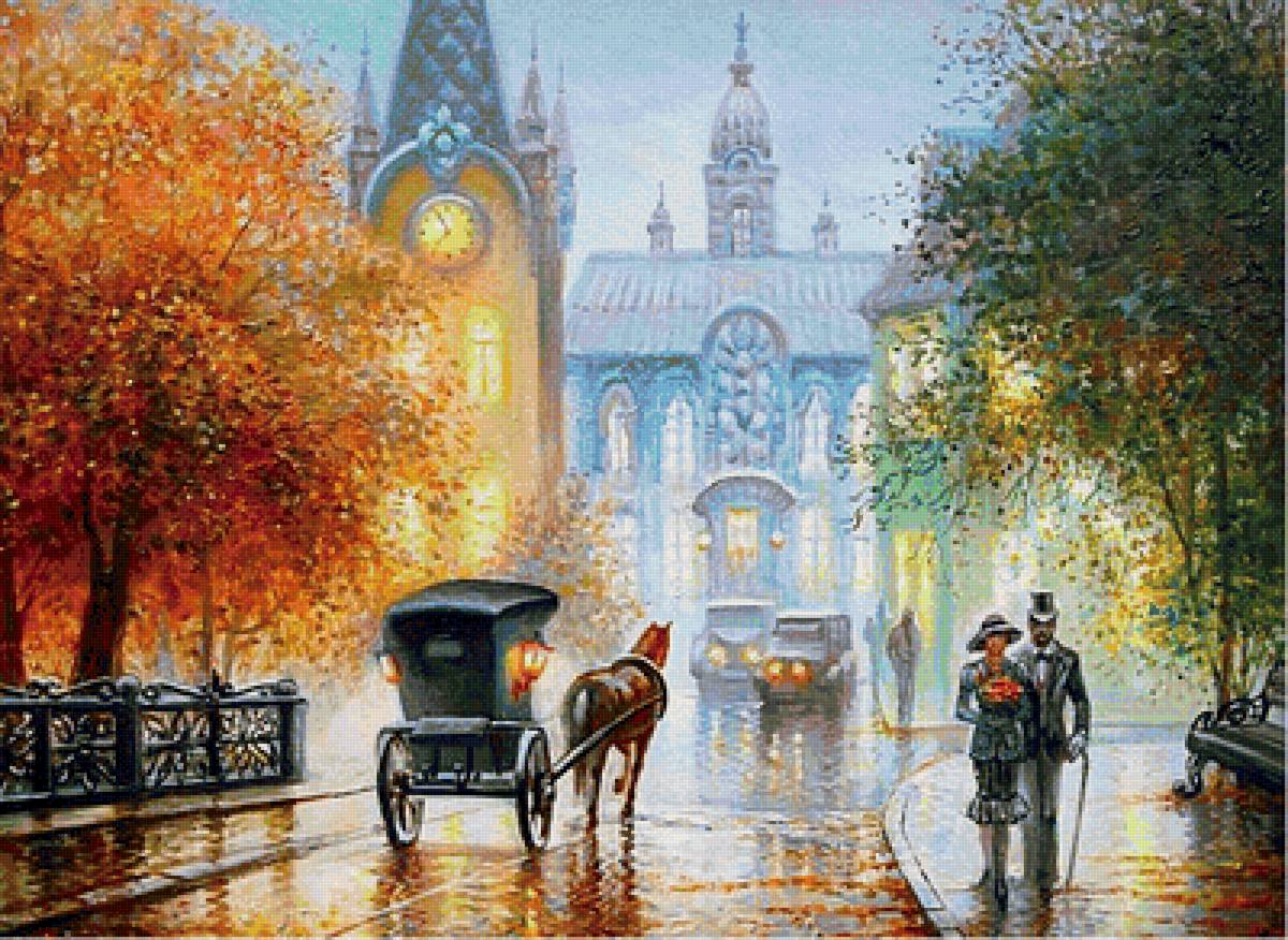 Вечерний город - лошадь, люди, городской пейзаж - предпросмотр