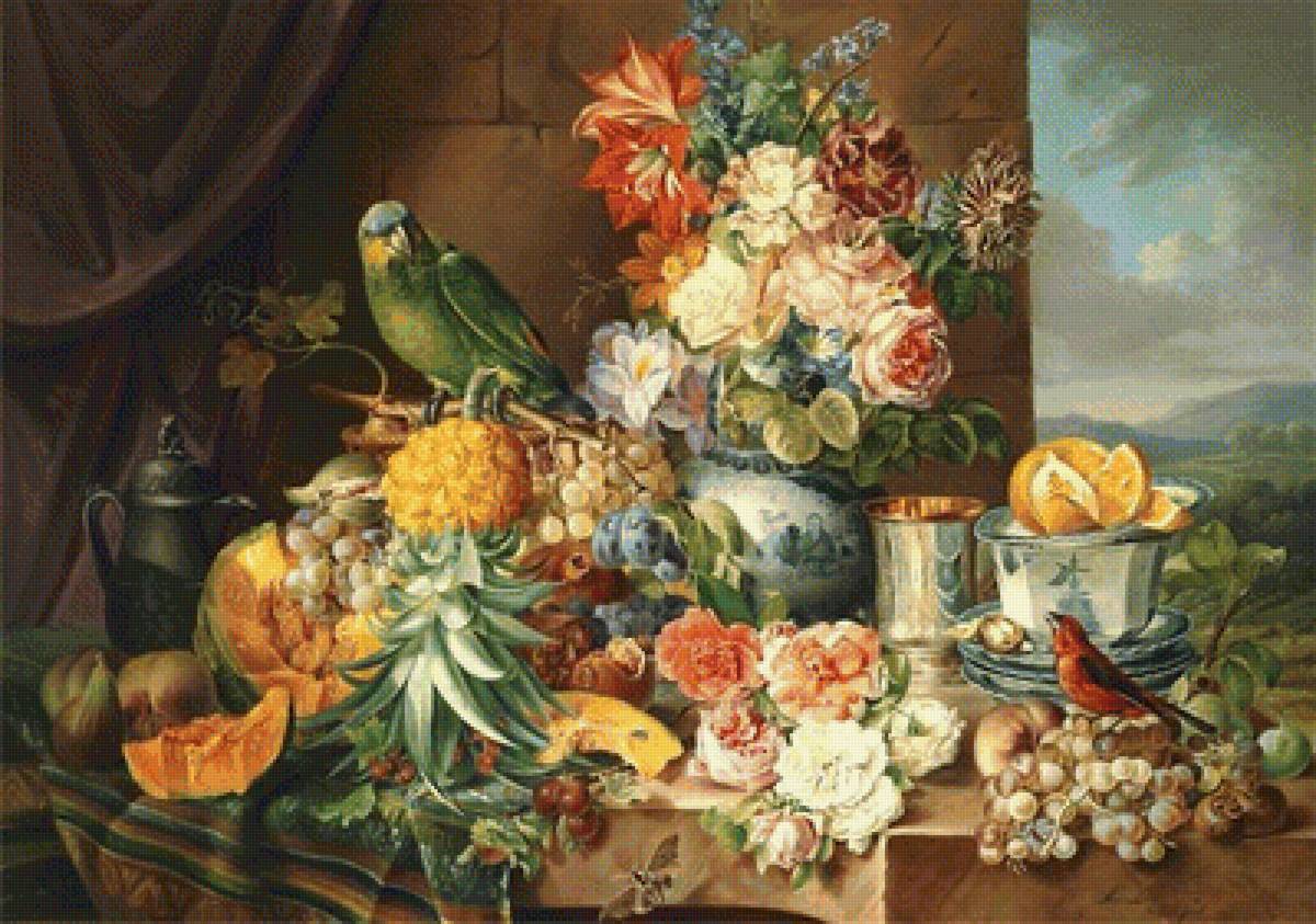 изобилие - цветы, фрукты, натюрморт, птицы - предпросмотр