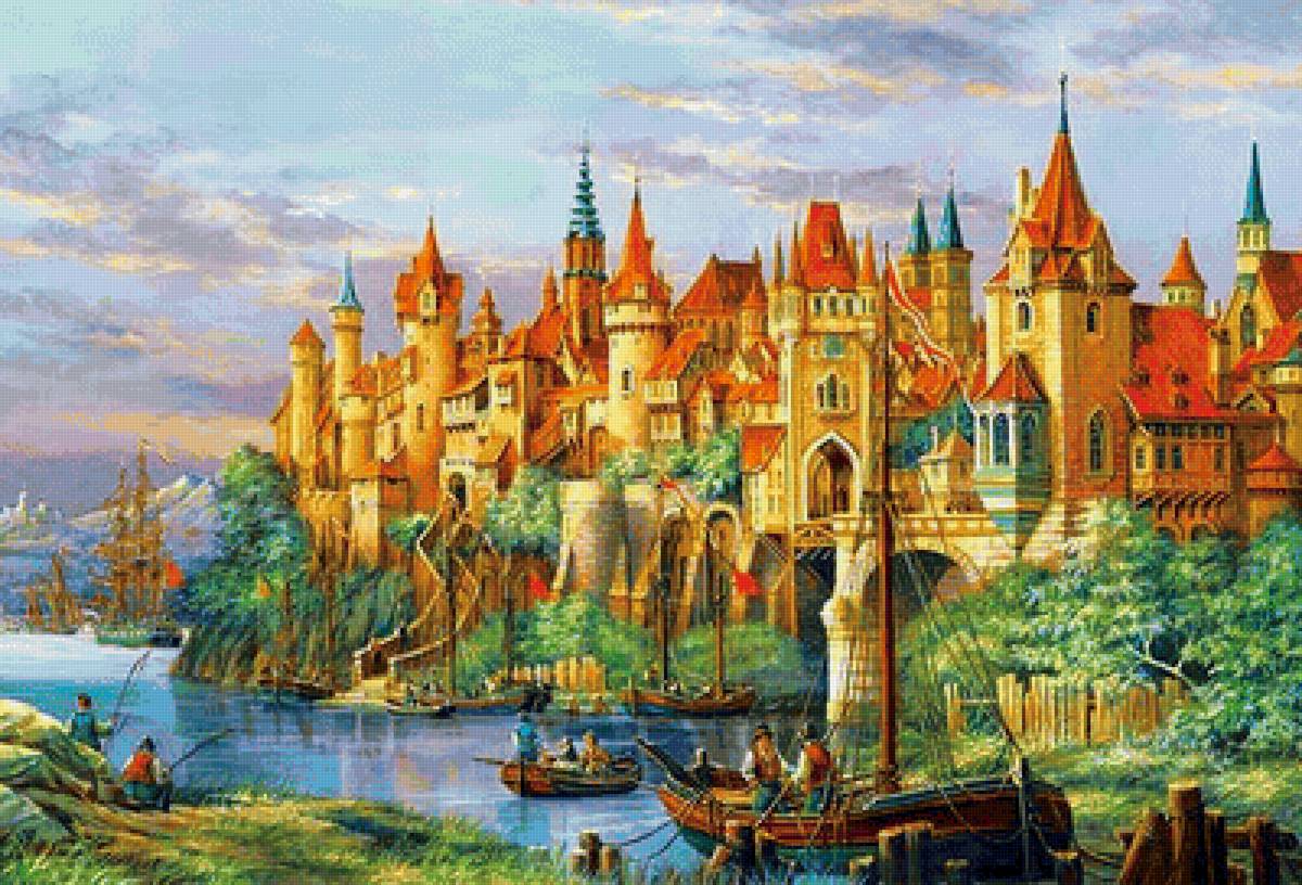 Портовый город - лодки, рыбаки, городской пейзаж - предпросмотр