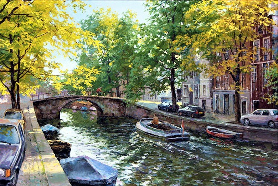 начало осени - картина, живопись, лето, пейзаж городской. река - оригинал