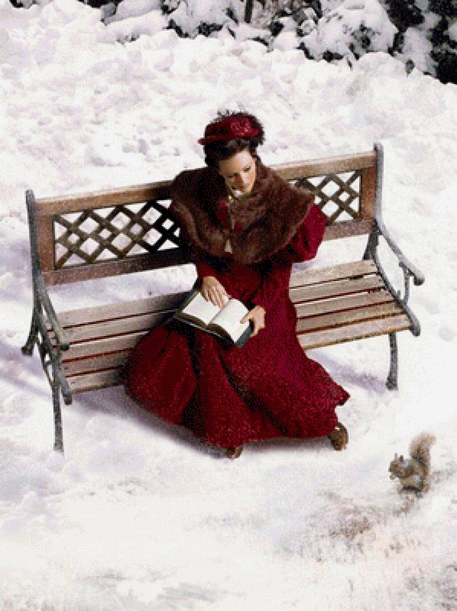 Солнечный денёк - белка, зима, девушка с книгой - предпросмотр