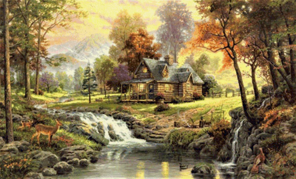 домик в лесу - река, лето, картина, лес, живопись - предпросмотр