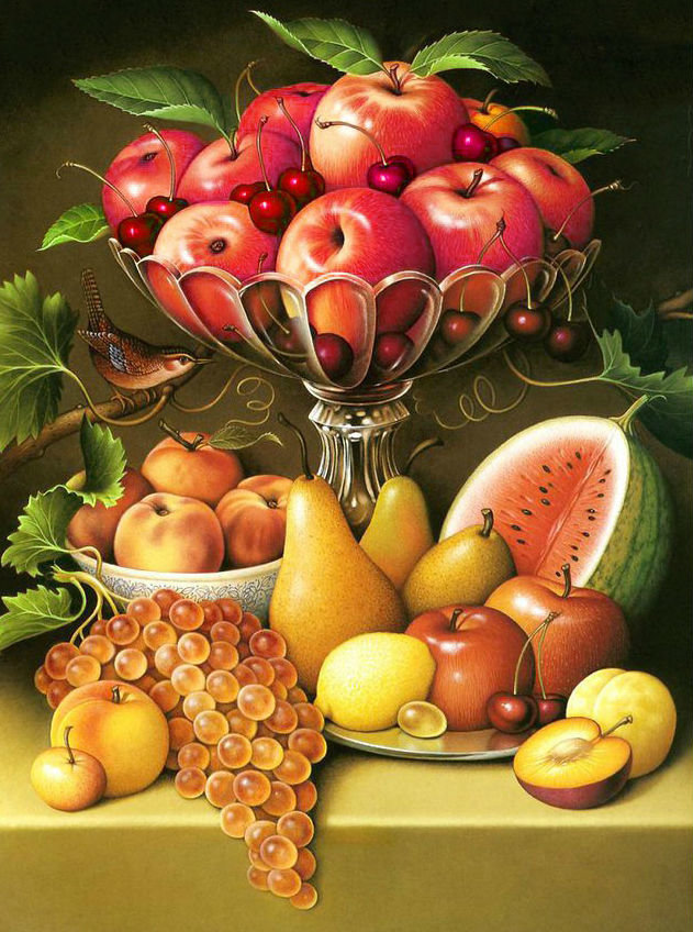 Натюрморт - яблоки, арбуз, груши, персики, виноград, птица - оригинал