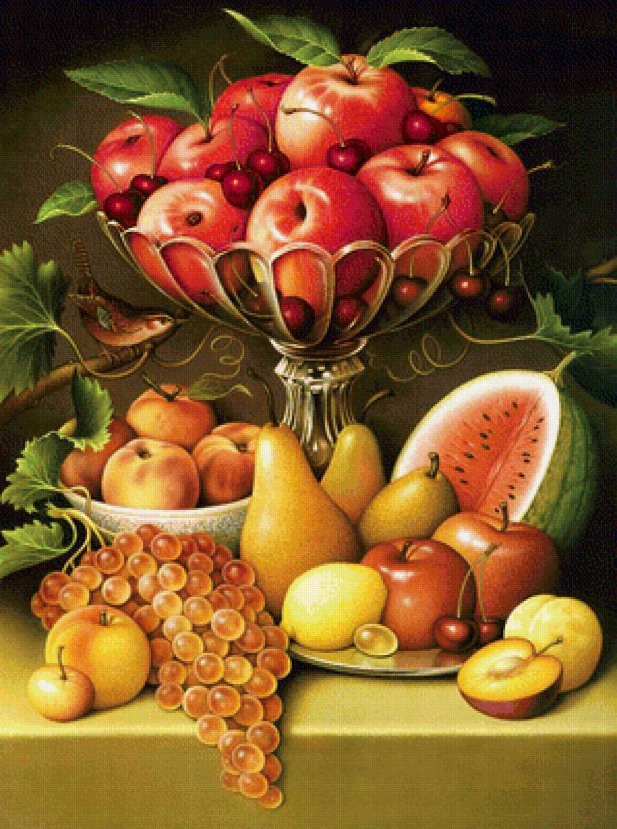 Натюрморт - яблоки, птица, виноград, арбуз, груши, персики - предпросмотр