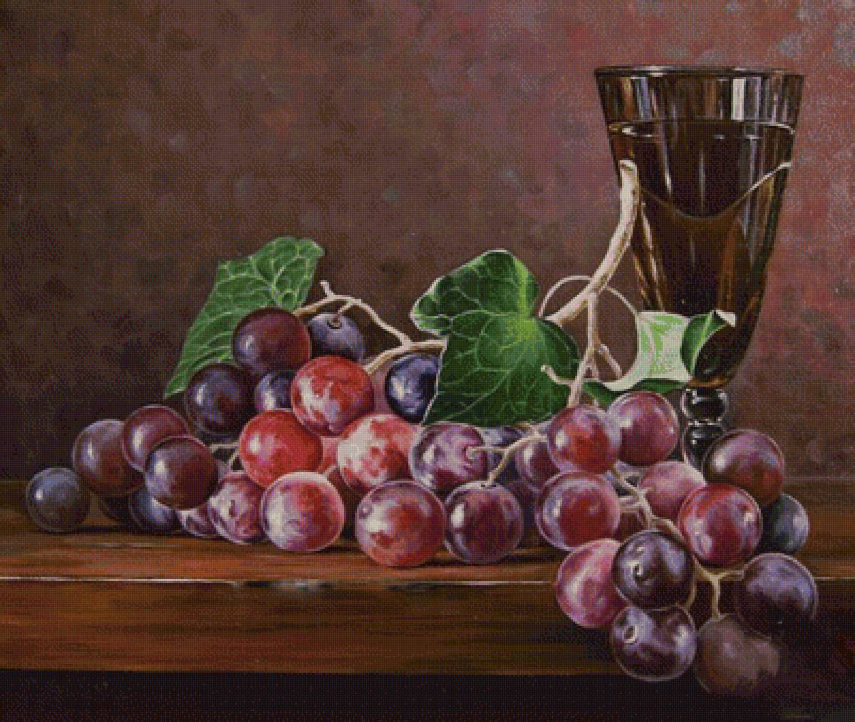 Натюрморт с вином и виноградом - вино, виноград, бокал - предпросмотр