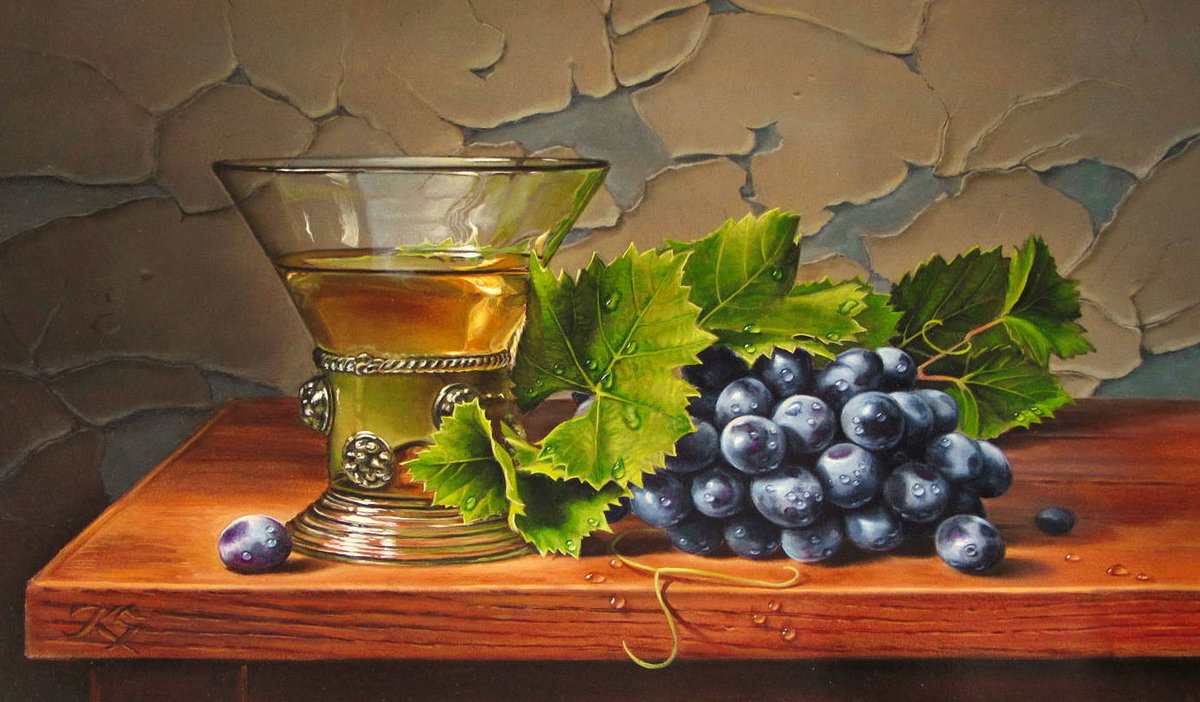 Натюрморт с вином и виноградом - вино, виноград - оригинал