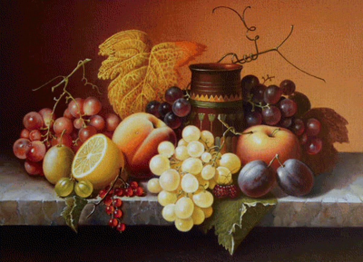 Натюрморт - персик, виноград, яблоко, кувшин, персики - предпросмотр