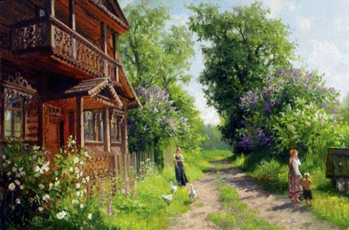 возле дома - деревня, терем, живопись - предпросмотр