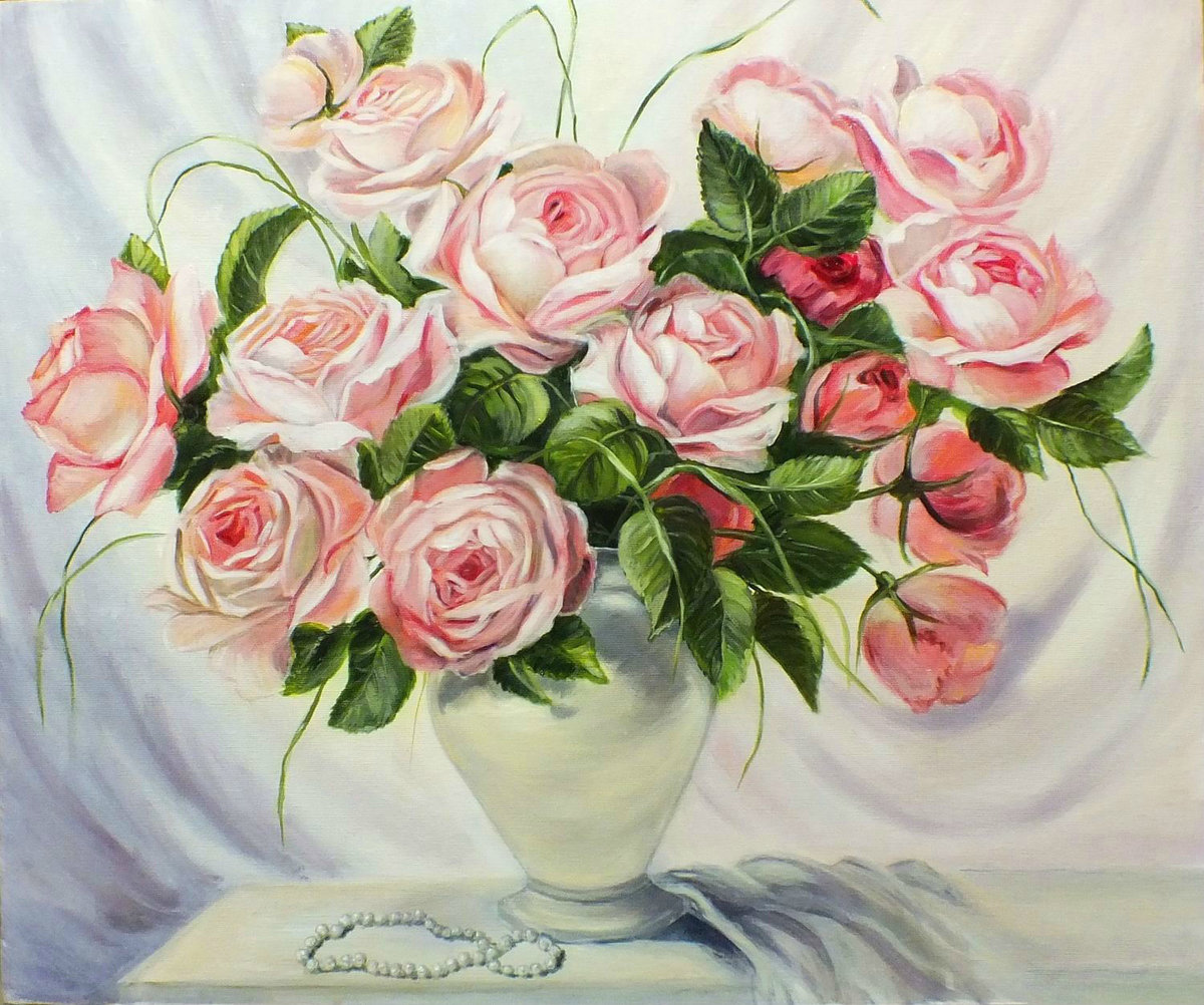 Цветы в вазе - цветы, розовые розы, розы - оригинал