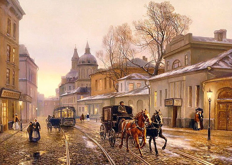 Горный пейзаж - дома, лошади, улица - оригинал