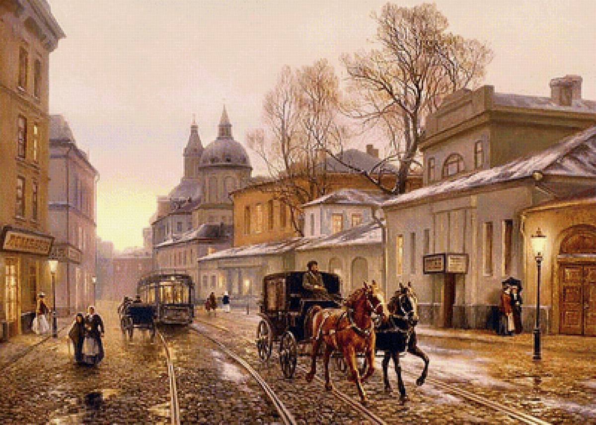 Горный пейзаж - улица, дома, лошади - предпросмотр