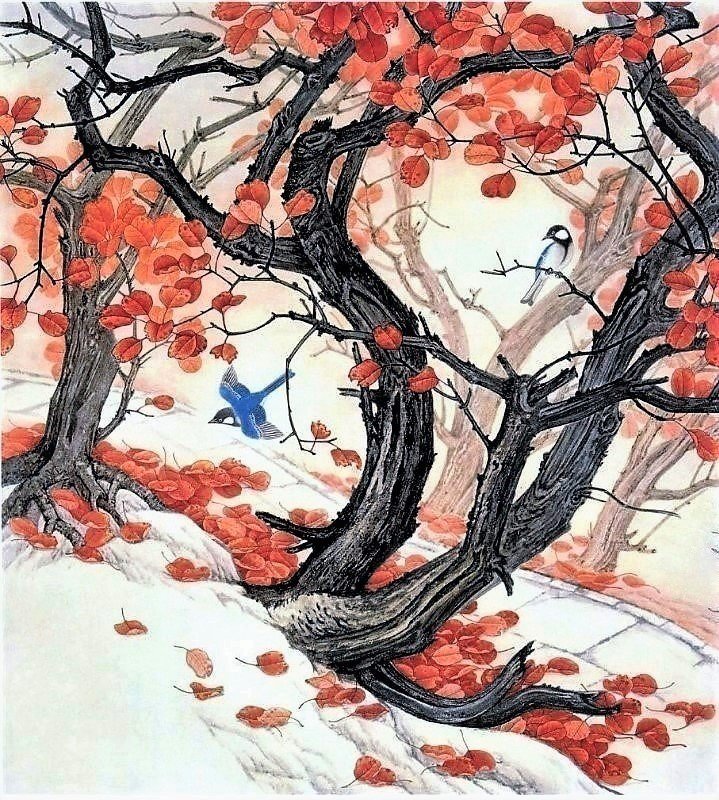 Китайский пейзаж - птицы, осень, пейзаж - оригинал