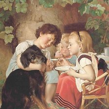 дети кормят собаку