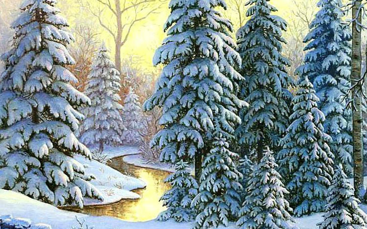 Зимний пейзаж - река, снег, зима, ели, закат, лес - оригинал
