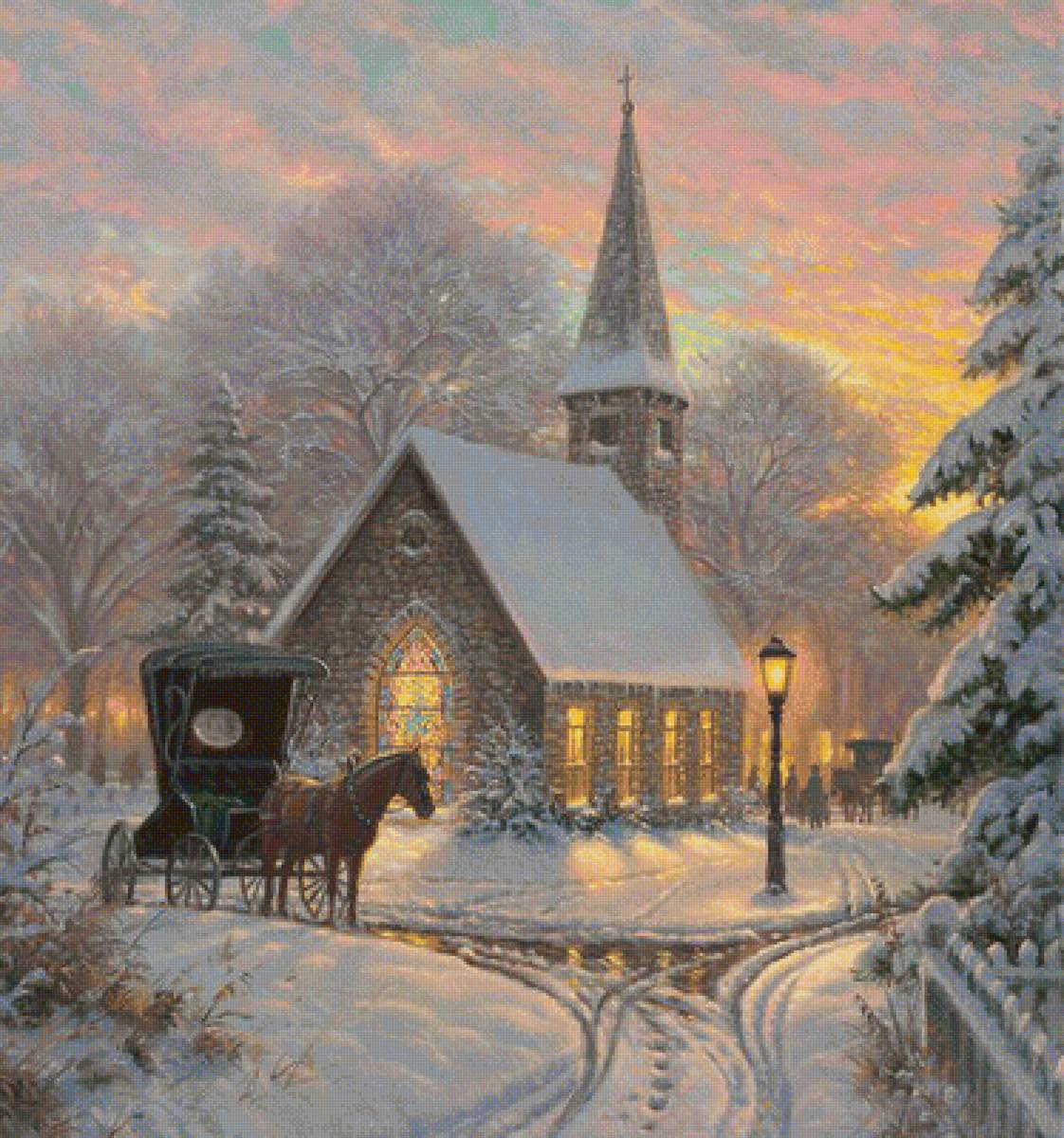 У церкви - ночь, зима, снег, лошадь, пейзаж - предпросмотр