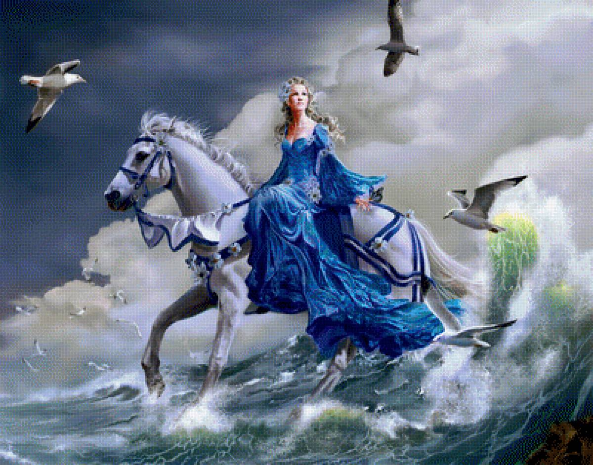 Девушка на белом коне - лошадь, девушка, фэнтези - предпросмотр