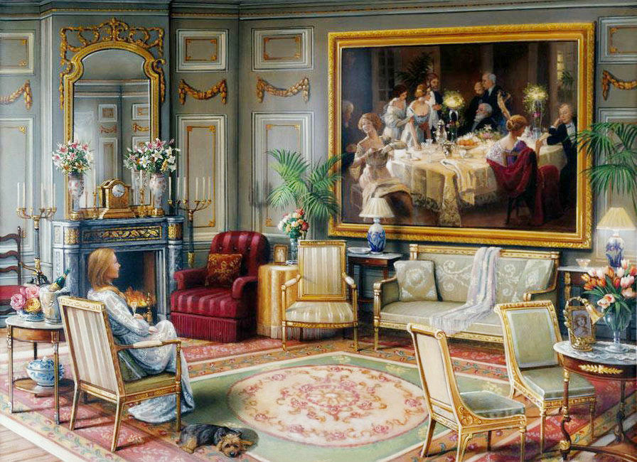 У камина - обстановка, девушка, картина - оригинал