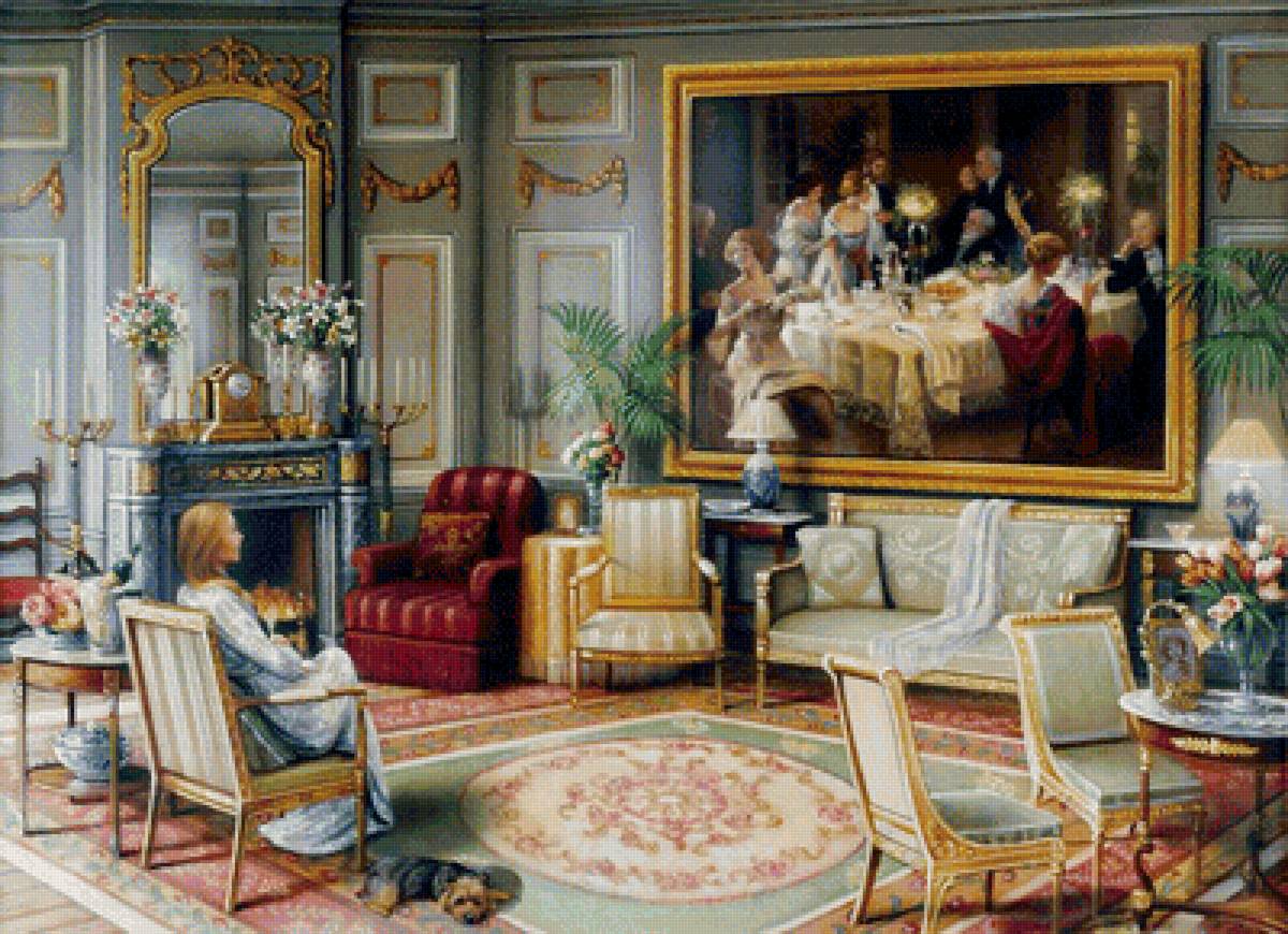 У камина - обстановка, девушка, картина - предпросмотр