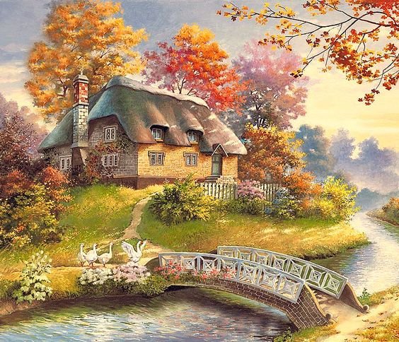 Пейзаж - дом, река, гуси, мост - оригинал