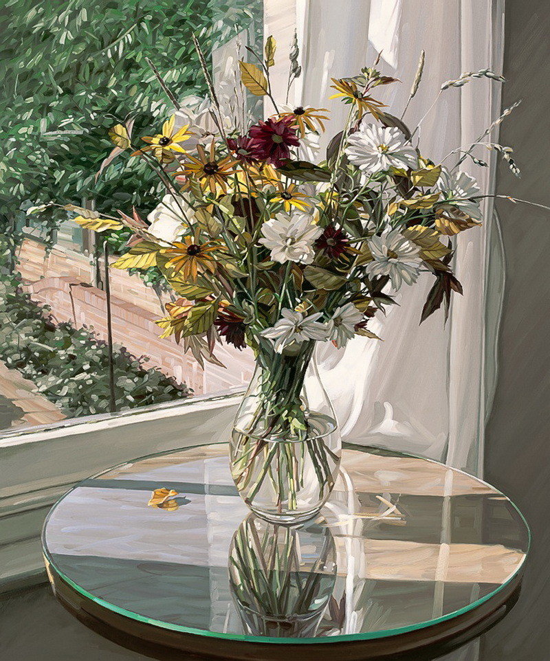 Букет на стеклянном столе - цветы, букет, окно - оригинал