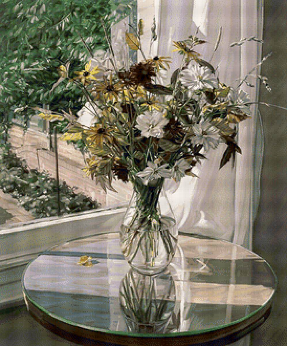 Букет на стеклянном столе - букет, окно, цветы - предпросмотр