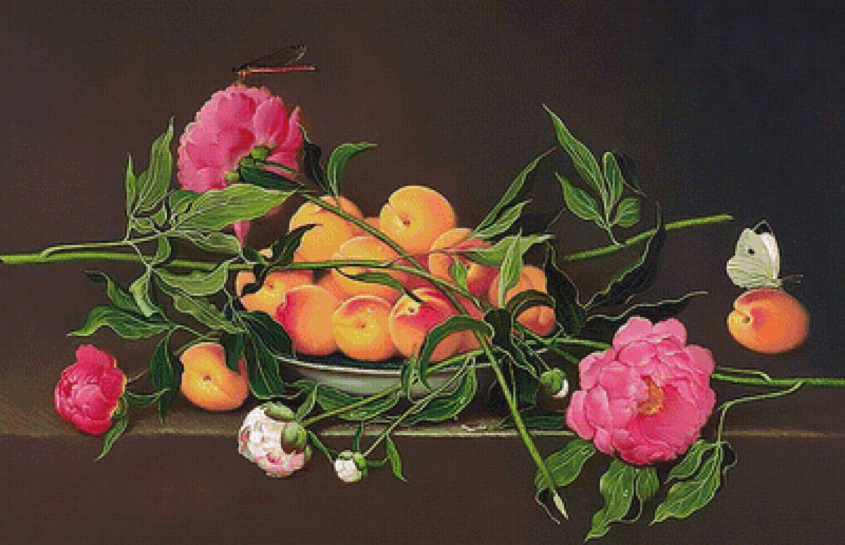 Натюрморт - фрукты, цветы, пионы, абрикосы - предпросмотр