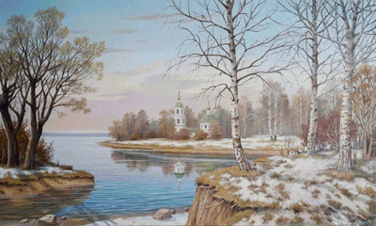Весенний пейзаж - церковь, березы, снег, зима, весна, пейзаж, река - предпросмотр