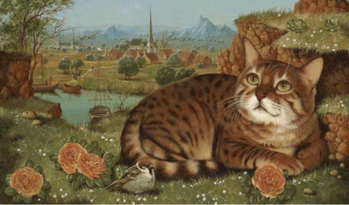 Котейка - пейзаж, деревушка, река, воробей - предпросмотр