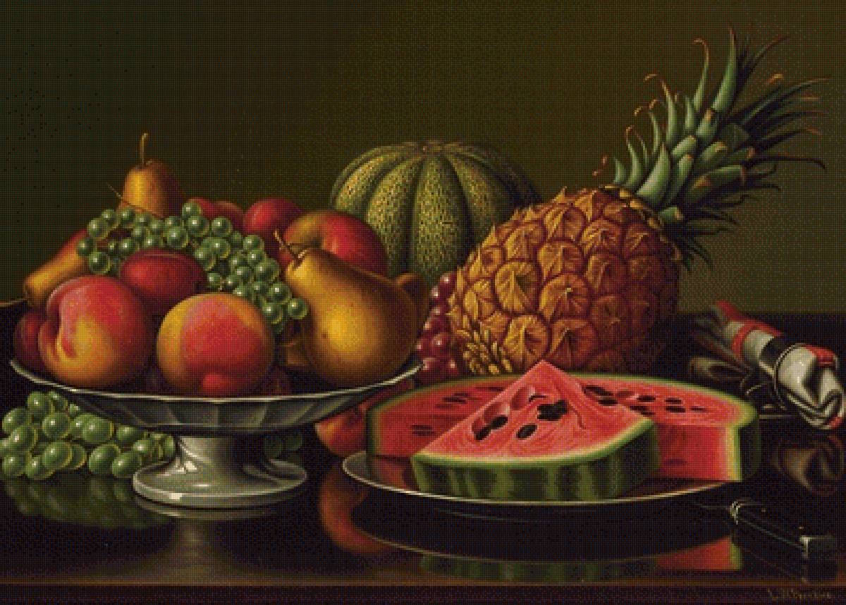 Натюрморт - фрукты, арбуз, виноград, ананас, персики - предпросмотр