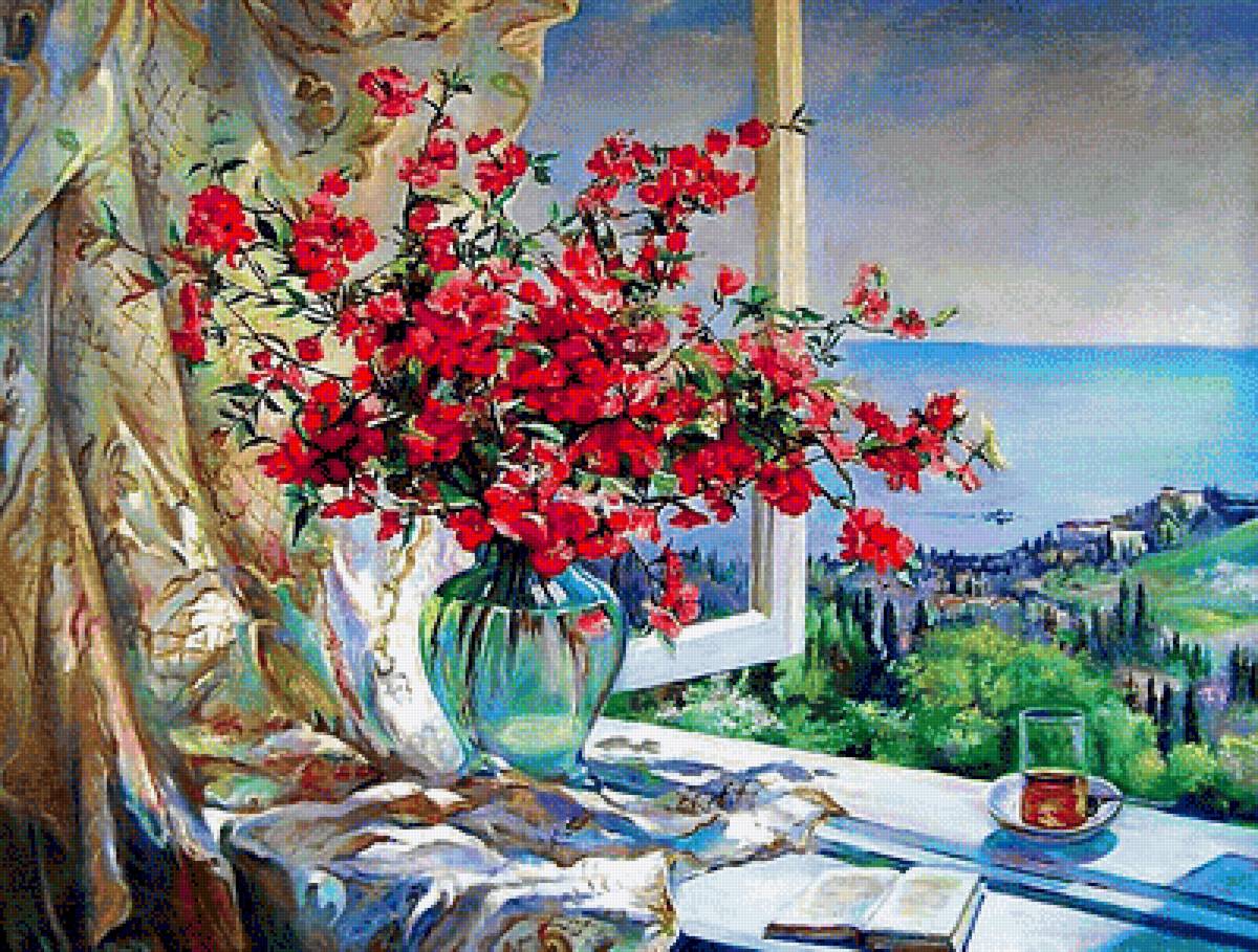 Вид из окна. - окно, цветы. пейзаж. живопись. - предпросмотр