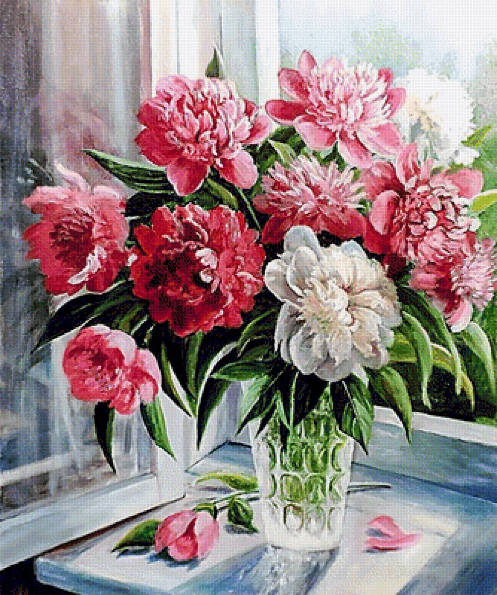 Пионы на окне. - пионы, живопись., натюрморт - предпросмотр