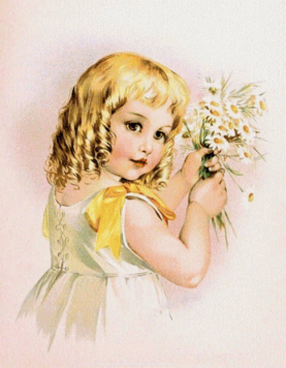 Девочка с ромашками - девочка, ромашки, дети, рисунок - предпросмотр