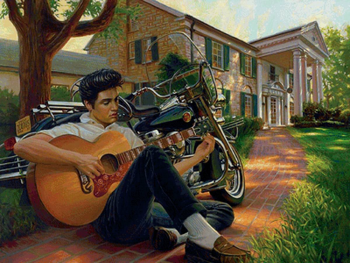 с гитарой - мотоцикл, гитара, парень - предпросмотр