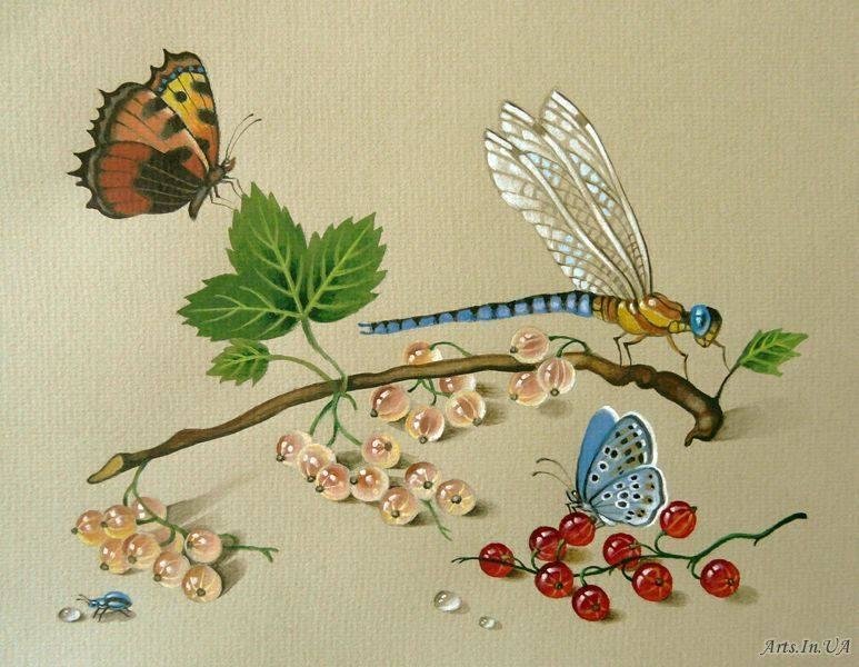 натюрморт со стрекозой и смородиной - федор толстой, смородина, стрекоза, натюрморт, бабочки - оригинал