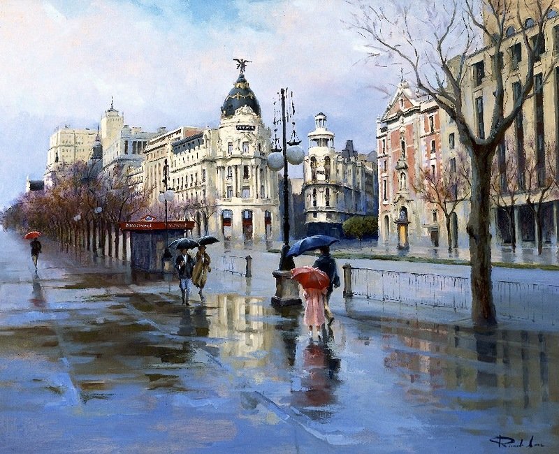 Дождь в городе - город, люди под зонтами, дождь, улица, дома - оригинал