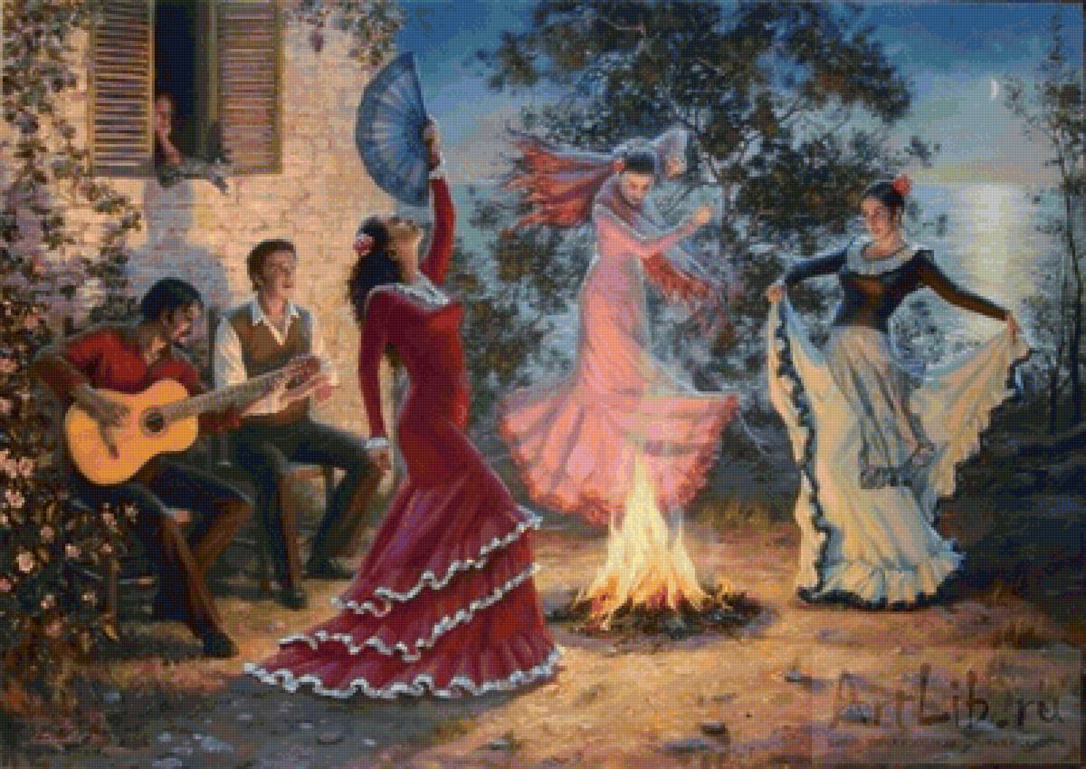 Вечер фламенко - компания, фламенко, костер, вечер - предпросмотр