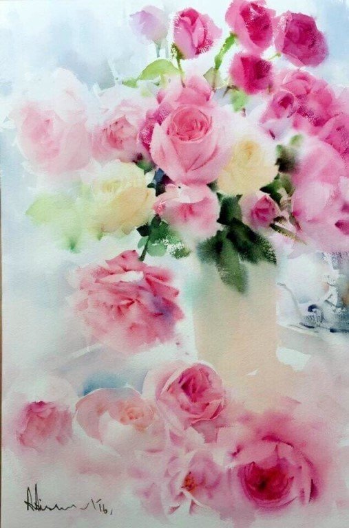 Розовые розы - цветы, акварель, розы, натюрморт - оригинал