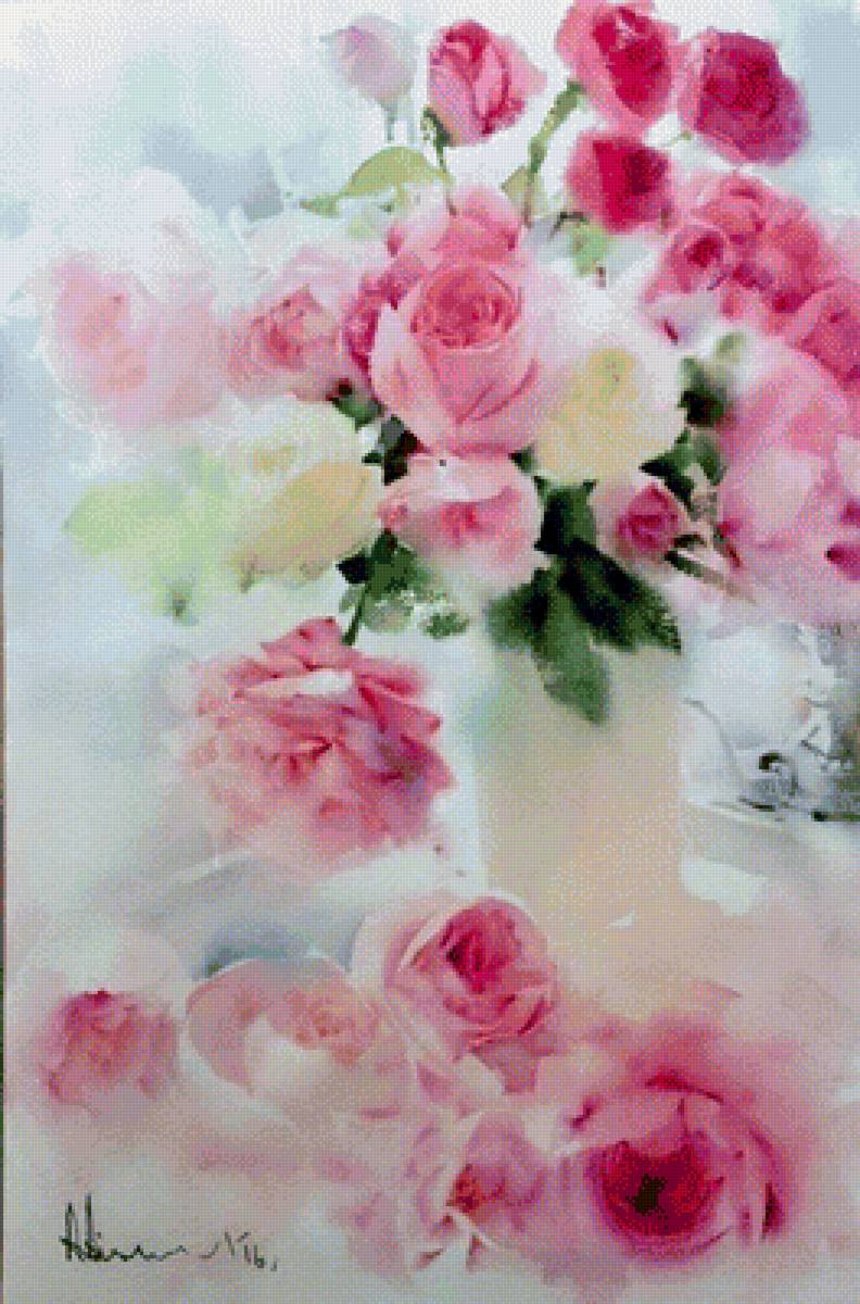 Розовые розы - розы, акварель, натюрморт, цветы - предпросмотр