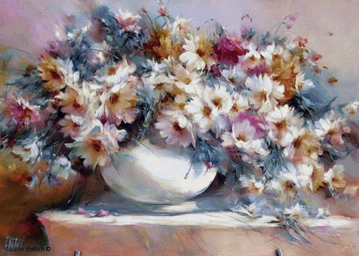 Букет ромашек - ромашки, пейзаж, цветы, картина, букет, кувшин - предпросмотр