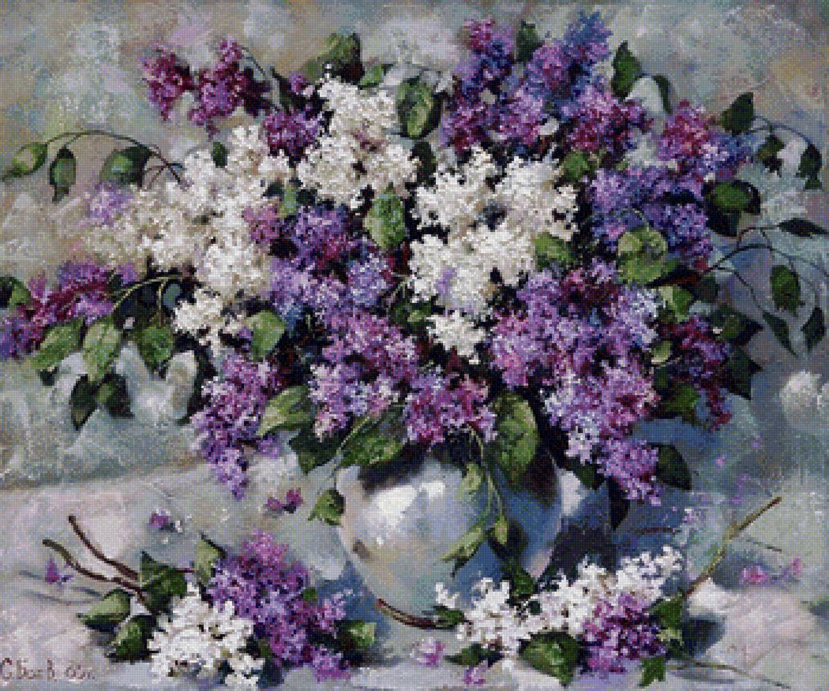 сирень - цветы, сирень, пейзаж, картина, кувшин, букет - предпросмотр