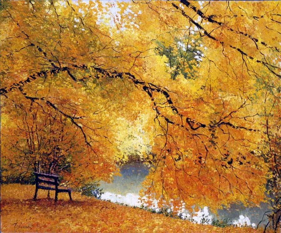 Золотая осень - осень, золото, пейзаж, скамейка, золотая осень, парк - оригинал