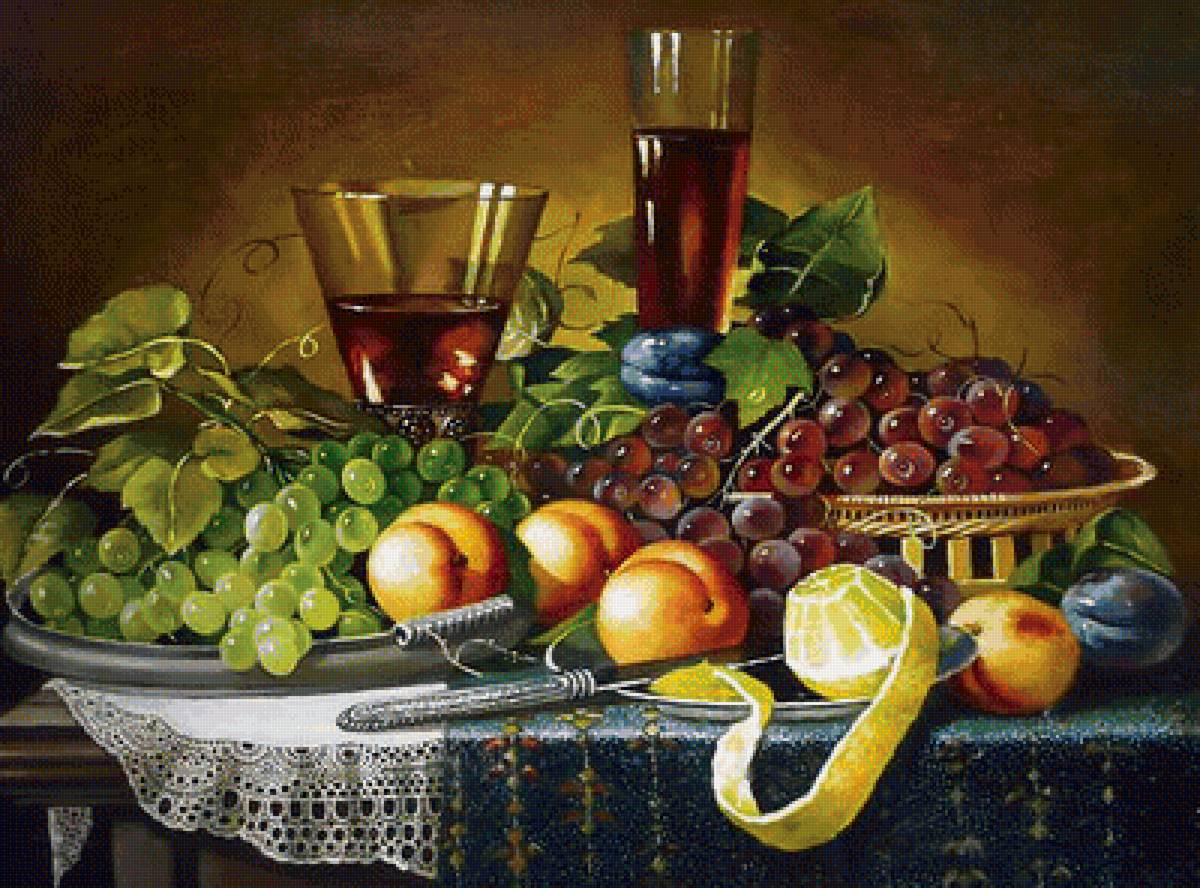 Натюрморт - фрукты, вино, виноград - предпросмотр