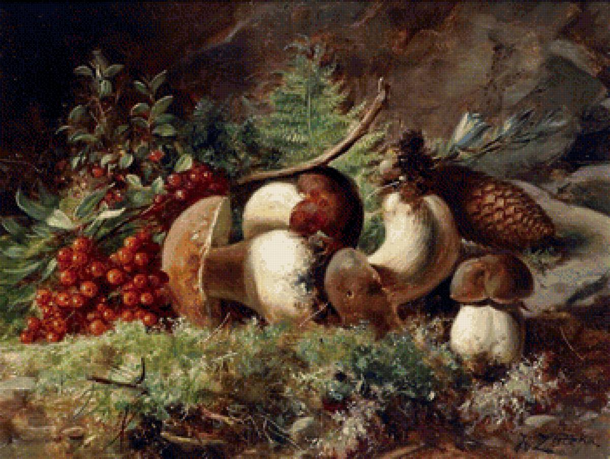 Грибы и рябина - натюрморт, живопись, рябина, картина, грибы - предпросмотр