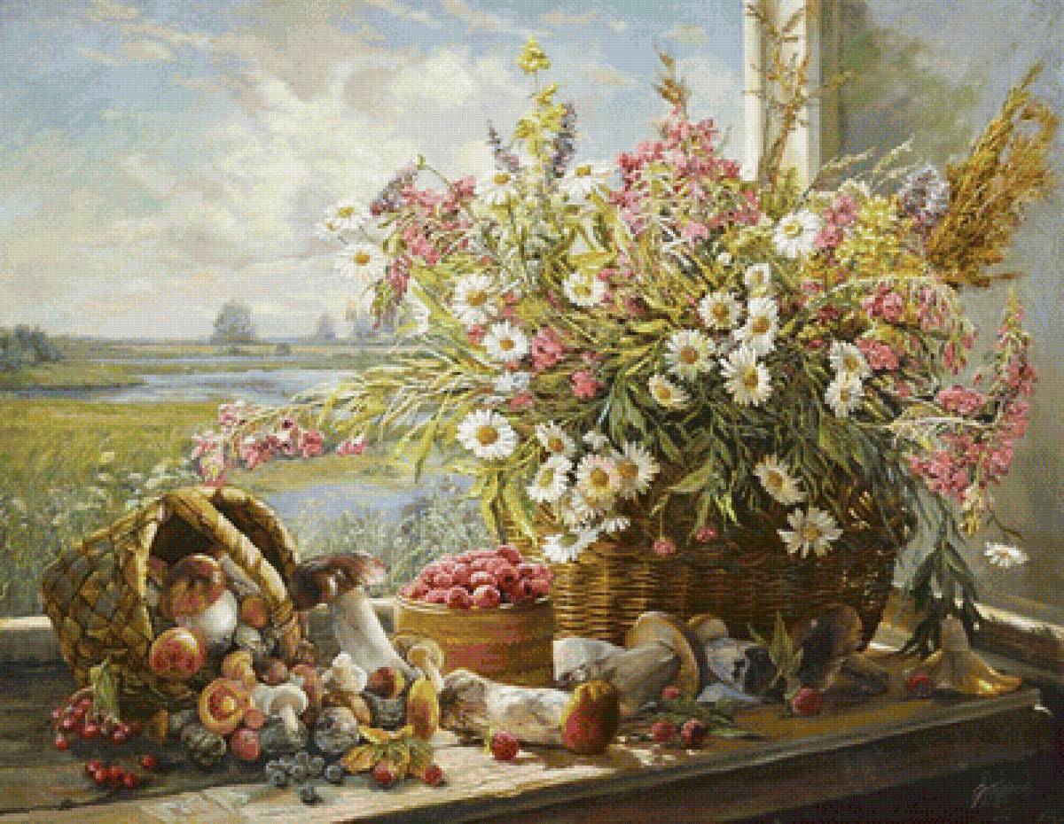 Полевые цветы и грибы - грибы, живопись, рябина, корзина, натюрморт, картина, цветы - предпросмотр