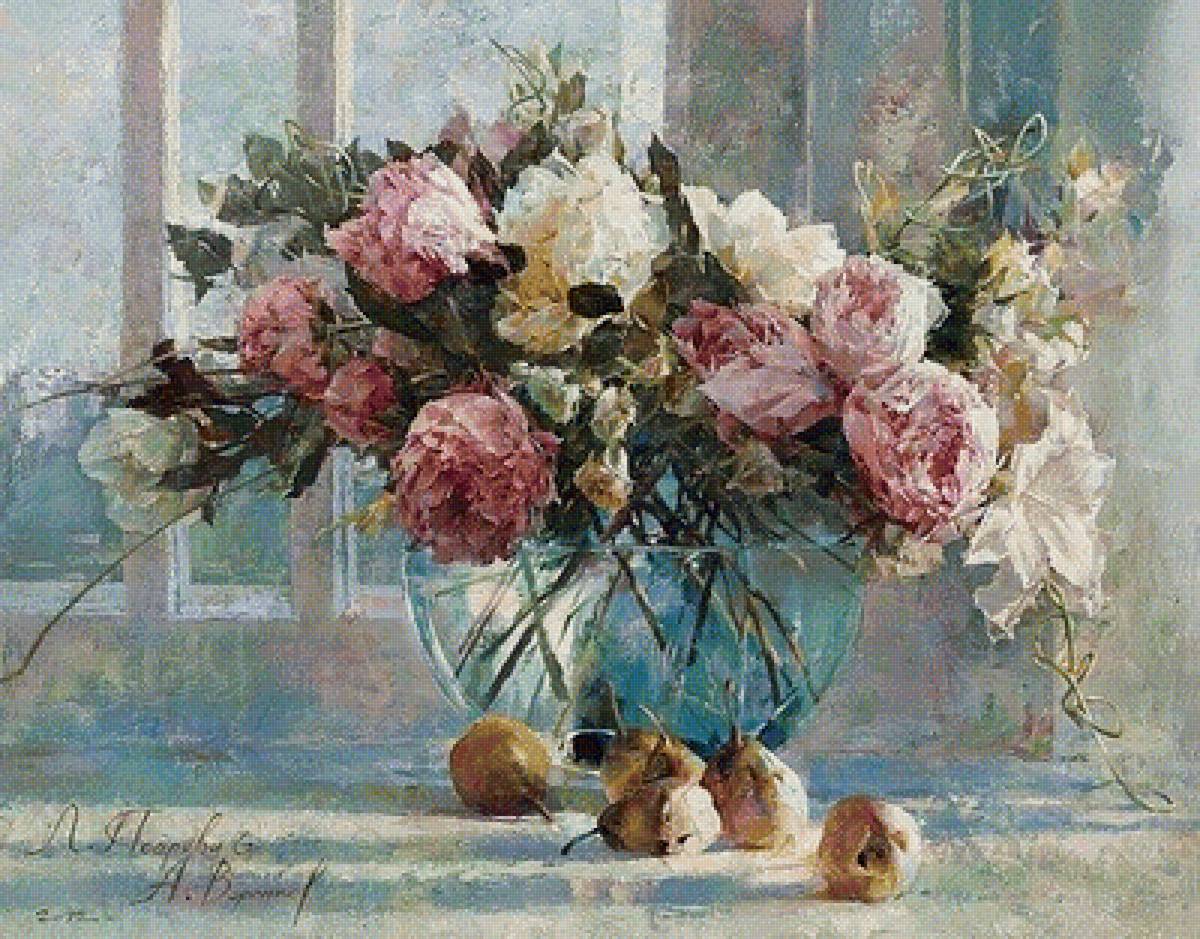 Букет цветов - живопись, пейзаж, букет, цветы, картина, кувшин, груши - предпросмотр