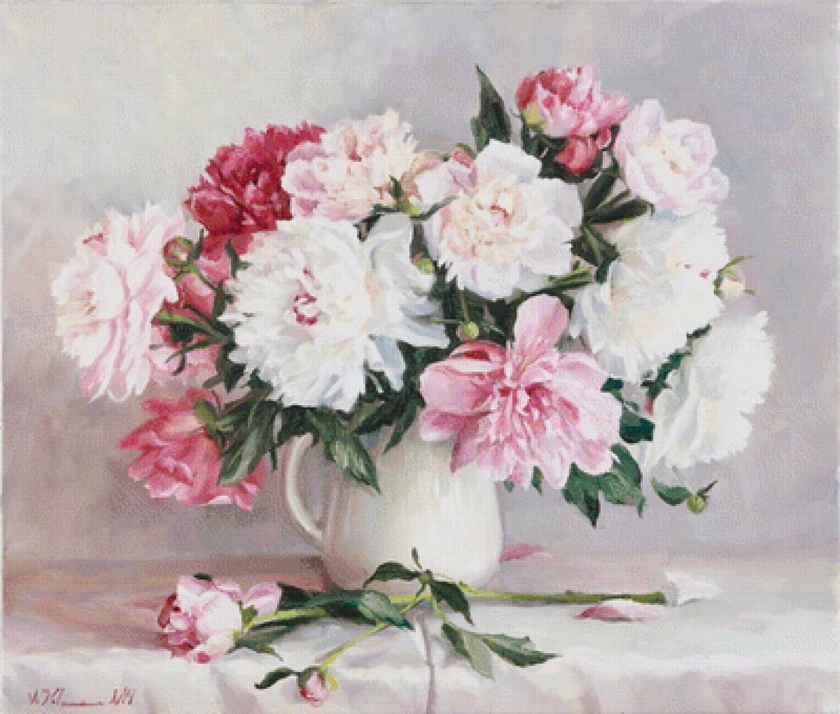 пионы - пейзаж, пионы, букет, кувшин, цветы, картина - предпросмотр